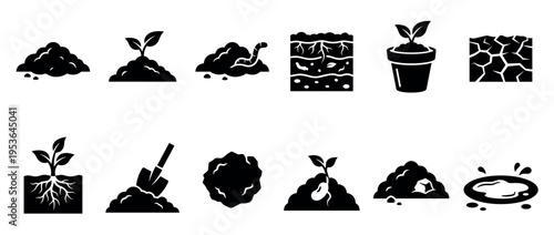 Twelve black silhouette icons depicting various soil and plant elements, illustrating concepts of gardening, growth, and environmental conditions in a graphic, flat style