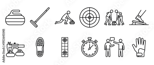 Various black outline curling sport equipment icons are displayed in a clean, modern, and detailed graphic style, illustrating different aspects of the winter game