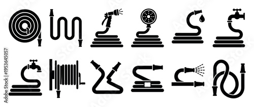 Various black silhouette garden hose icons and symbols illustrating different uses and states of watering equipment, presented in a clean, graphic style