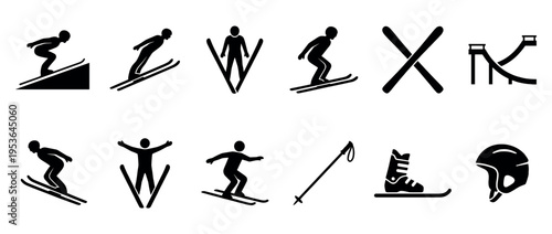 Black silhouette skiing and ski jumping icons depict various athletic poses, equipment, and a ski jump ramp in a clean, graphic style