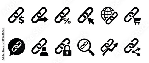 Ten black chain link icons representing various digital concepts, including symbols for money, internet, security, and sharing, presented in a clean, modern, flat graphic style