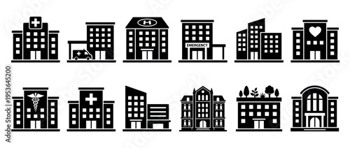 Twelve black silhouette icons of hospital and medical buildings, featuring various architectural styles and healthcare symbols, rendered in a clean graphic design