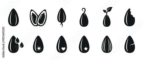 Twelve black silhouette seed icons illustrate different stages of growth, health, and consumption, depicted with minimalist graphic details