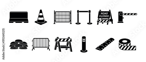Collection of black silhouette icons depicting various road safety and construction barriers, presented in a clean, graphic, and illustrative style