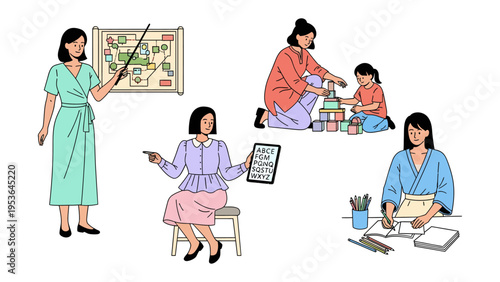 Women's Daily Activity: This image depicts a series of illustrations of women engaging in everyday tasks, showcasing their diverse activities and roles in different settings.