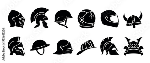 Twelve distinct black silhouette helmet icons, showcasing a diverse collection of head protection from historical, modern, and futuristic eras in a graphic style