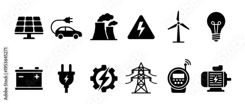Twelve black silhouette energy and power icons, depicting various aspects of electricity generation, consumption, and infrastructure in a clean, graphic style