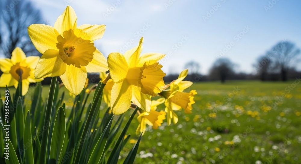 Fototapeta premium A cluster of vibrant yellow daffodils blooming in a sunny meadow during the bright spring season