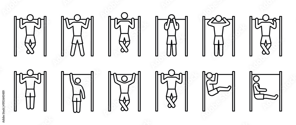 Obraz premium Collection of line art icons depicting people exercising on a horizontal bar, showcasing various fitness movements in a clean, minimalist outline style