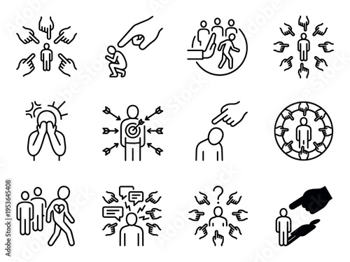 Twelve minimalist line art icons illustrating concepts of blame, shame, social exclusion, and emotional distress, rendered in a clean, graphic style with strong visual impact