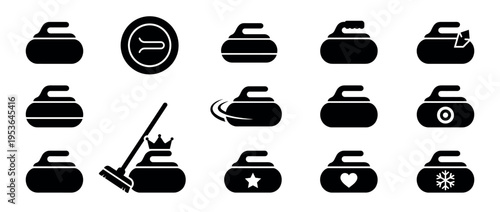 Black silhouette curling stone icons with various symbols and a broom, depicting winter sports equipment in a modern, minimalist flat design style