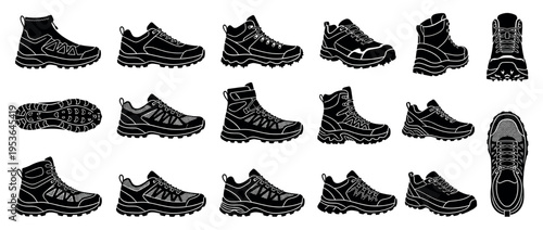 Collection of black outdoor hiking and trekking shoes, presented as detailed graphic silhouettes from various angles, showcasing rugged soles and durable designs