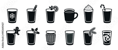 Twelve black and white winter holiday drink icons are neatly arranged, showcasing various festive beverages and decorations in a simple, graphic illustration style