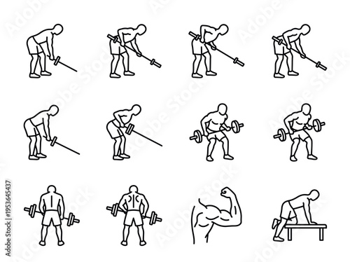 Line art icons of men performing various barbell row exercises and showing muscular development, presented in a clean, graphic style