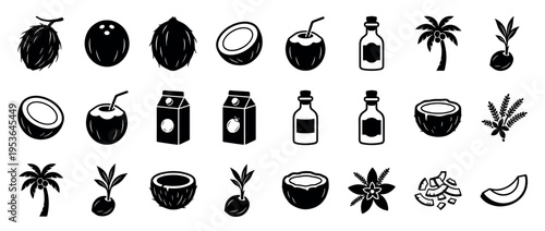 Various black silhouette coconut icons illustrate tropical food ingredients, beverages, and related plants in a clean, graphic, and minimalist style