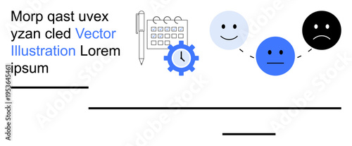 Time management, productivity, emotional states, scheduling, planning, workplace efficiency. Calendar, clock pen and variations of emotion faces. Emotional states and time management visualization