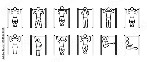 Collection of line art icons depicting people exercising on a horizontal bar, showcasing various fitness movements in a clean, minimalist outline style