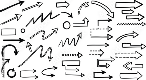 Large collection of hand-drawn black arrow vectors in doodle style with various shapes curves dashed lines and directional pointers for infographics and creative design projects.