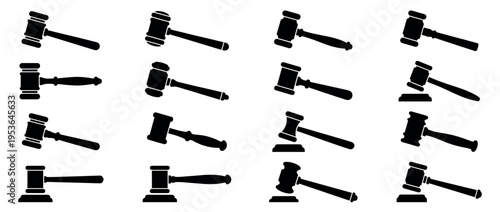 Sixteen black silhouette gavels are depicted in various orientations, some with sounding blocks, showcasing iconic symbols of justice and law in a graphic style