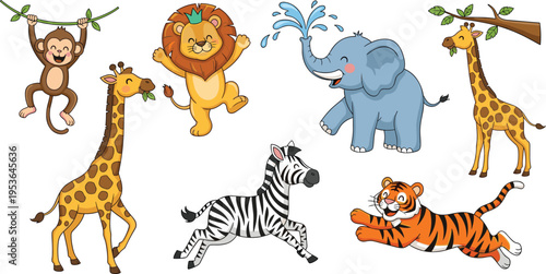 Cute jungle animal collection with monkey swinging elephant playing tiger jumping giraffe eating and running zebra in happy cartoon style for children nursery and school projects.