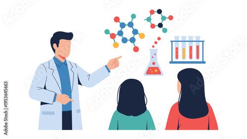 Scientific lecture in Laboratory: A knowledgeable professor explains intricate scientific concepts to attentive students.