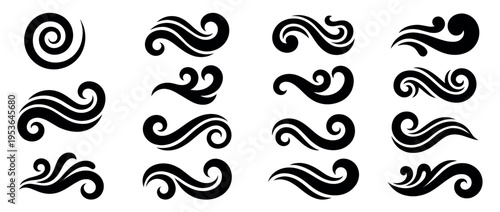 Collection of black stylized swirl and wave vector elements featuring various organic, fluid, and decorative shapes with smooth flowing lines