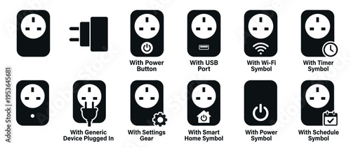 Collection of black and white British Type G electrical power socket icons featuring various symbols like power, USB, Wi-Fi, timer, and smart home, presented in a minimalist vector style