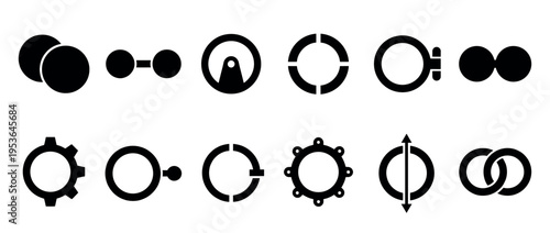 Various black vector icons depicting abstract geometric shapes, including interconnected circles, rings, and conceptual elements, presented in a clean, minimalist graphic style