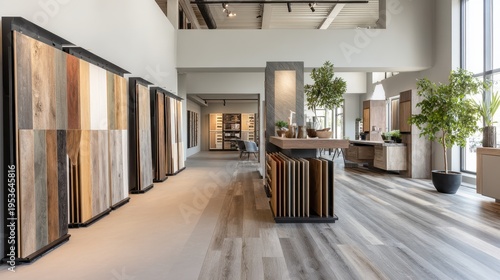 Laminate flooring samples in a bright interior showroom with a blank banner area