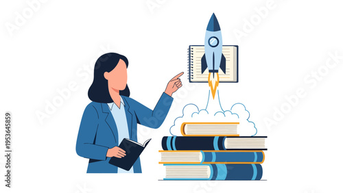Educational Ascent: A woman gestures towards a rising rocket soaring above stacked books, symbolizing knowledge, growth, and the journey of learning. 