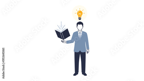Enlightened Thought: A figure with an open book and light bulb, representing a flash of insight.