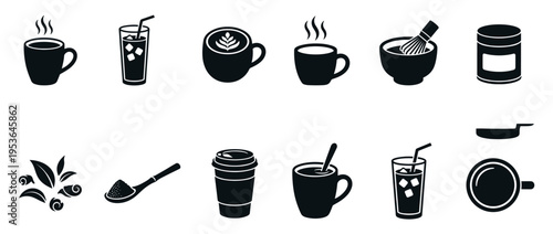 Black silhouette beverage icons illustrating a variety of hot and cold drinks, including coffee, tea, and related preparation tools, presented in a clean, minimalist flat design style