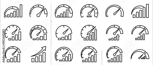Set of black outline performance indicator icons showing various levels of speed, data, and growth, depicted with gauges and bar charts in a clean, modern style