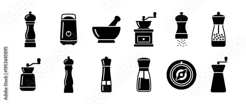 Collection of black silhouette spice grinders, mills, and kitchen tools, presented as a detailed icon set with various designs for culinary use