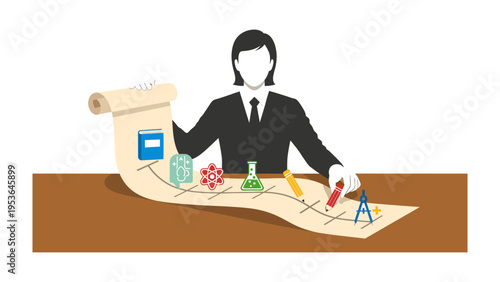 Science Roadmap: A determined figure meticulously plans a scientific journey, tracing a path of discovery with focused intent. The image conveys the essence of structured learning, ambition.