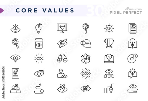 Core values line icon set. Startup, strategy, focus, vision, goals, target, arrow, flag, progress, goal, trust, teamwork, success, vision, eye, thin linear icons