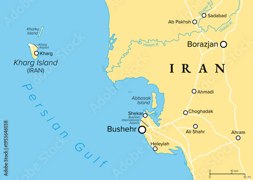 Kharg Island, political map. Also spelt Khark Island, referred to as the Forbidden Island of Iran in the Persian Gulf, northwest of Strait of Hormuz, about 55 km northwest of port city Bushehr. Vector