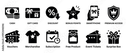 Comprehensive collection of black and white reward icons representing loyalty programs, payment methods, and customer benefits, presented in a clean, modern glyph style