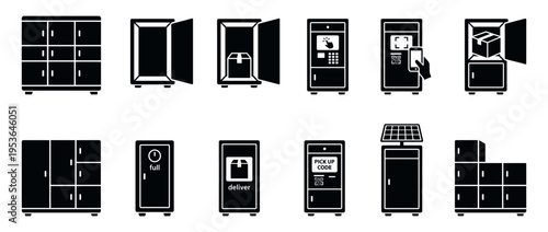 Black silhouette icons depicting various parcel locker systems, illustrating automated package delivery, pickup, and storage solutions with digital interfaces and compartments