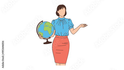 Knowledge Provider's Presentation: An educator, holding a globe, appears ready to enlighten and guide. Her attire is professional, the backdrop simple, allowing focus on the lesson