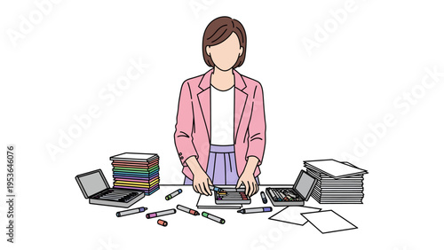 Busy Woman at Desk: A woman, deeply focused, navigates a chaotic desk laden with paperwork, laptops, and pens, portraying a scene of intense work.
