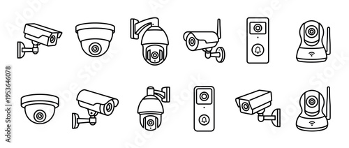 Various black outline security camera and video doorbell icons are neatly arranged, showcasing different surveillance and home security devices in a clean, illustrative style