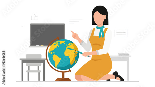 Educational Illustration: A teacher demonstrates on a globe, illustrating the continents in the class room, and promoting global awareness.