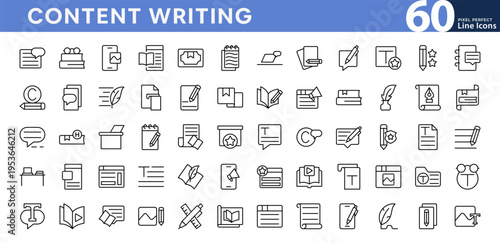Content Writing line con set. Blog post, articles, story, creativity, pens, laptops, vibrant, innovative, notebook, editing vector icons. Editable stroke