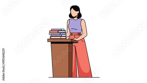 Confident Lecturer at Podium: A poised woman stands behind a wooden podium, ready to deliver a speech. Stacked books suggest her expertise and preparation for a presentation.