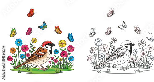  Sparrow Bird with Butterflies and Flowers in a Garden: Coloring Page and Colored Illustration Set for Kids, Spring Nature Scene for Children Educational Activity