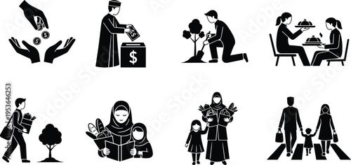 Muslim Community Charity and Kindness Set with People Giving Sadaqah Planting Trees Sharing Food and Helping Family in Flat Style