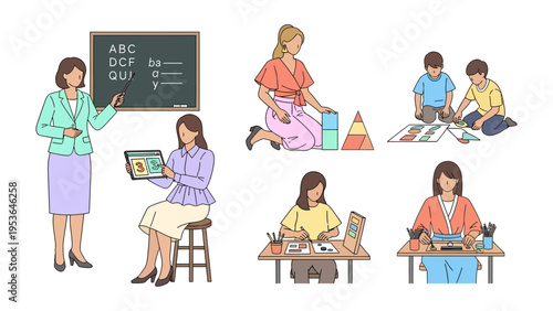 Education and Learning: Illustrations showing educators guiding and interacting with students, fostering a positive learning environment.