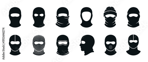 Collection of various black balaclavas and ski masks displayed as minimalist flat vector icons, showcasing different designs, eye openings, and head coverings in a clean, graphic style