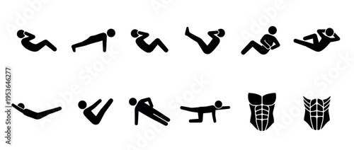 Black silhouette icons illustrating various abdominal exercises and muscles, presented in a clean, minimalist graphic style with clear visual representation